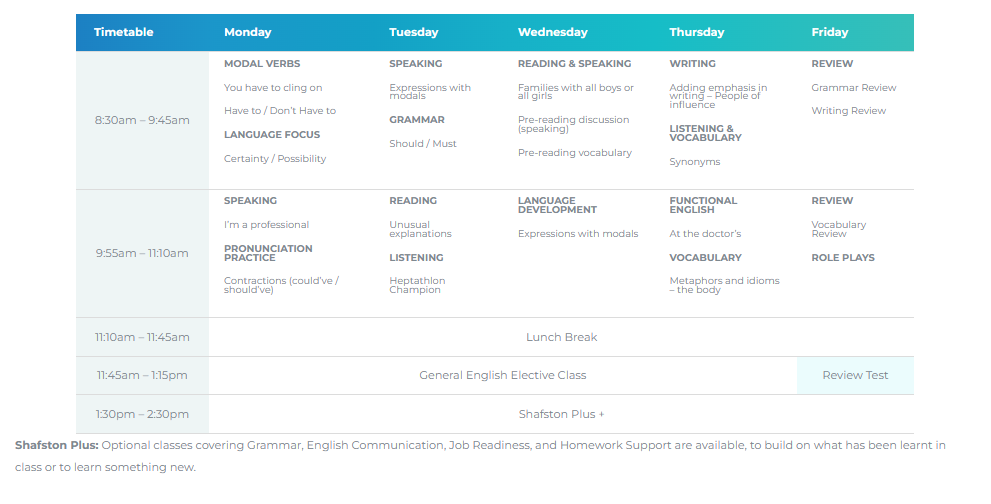 Shafston Internatioal College General English Time Table Shafston Internatioal College General English Time Table