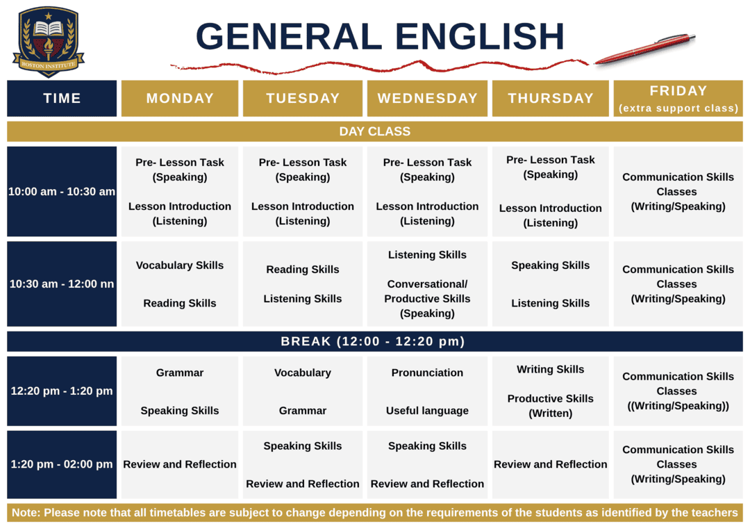 Boston Institute GENERAL ENGLISH DAY Timetable ボストン・インスティチュート 一般英語 昼間jコース時間割