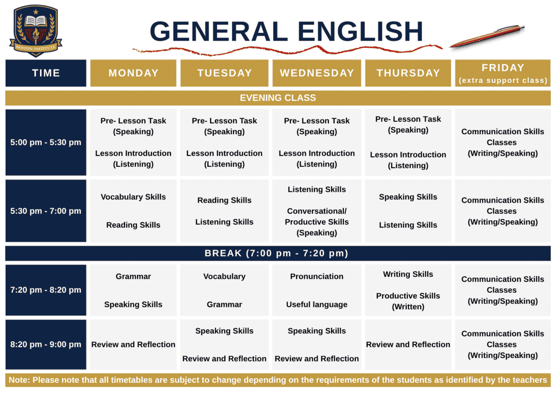 Boston Institute GENERAL ENGLISH NIGHT Timetable (NEW LOGO) ボストン・インスティチュート 一般英語 夜間コース時間割