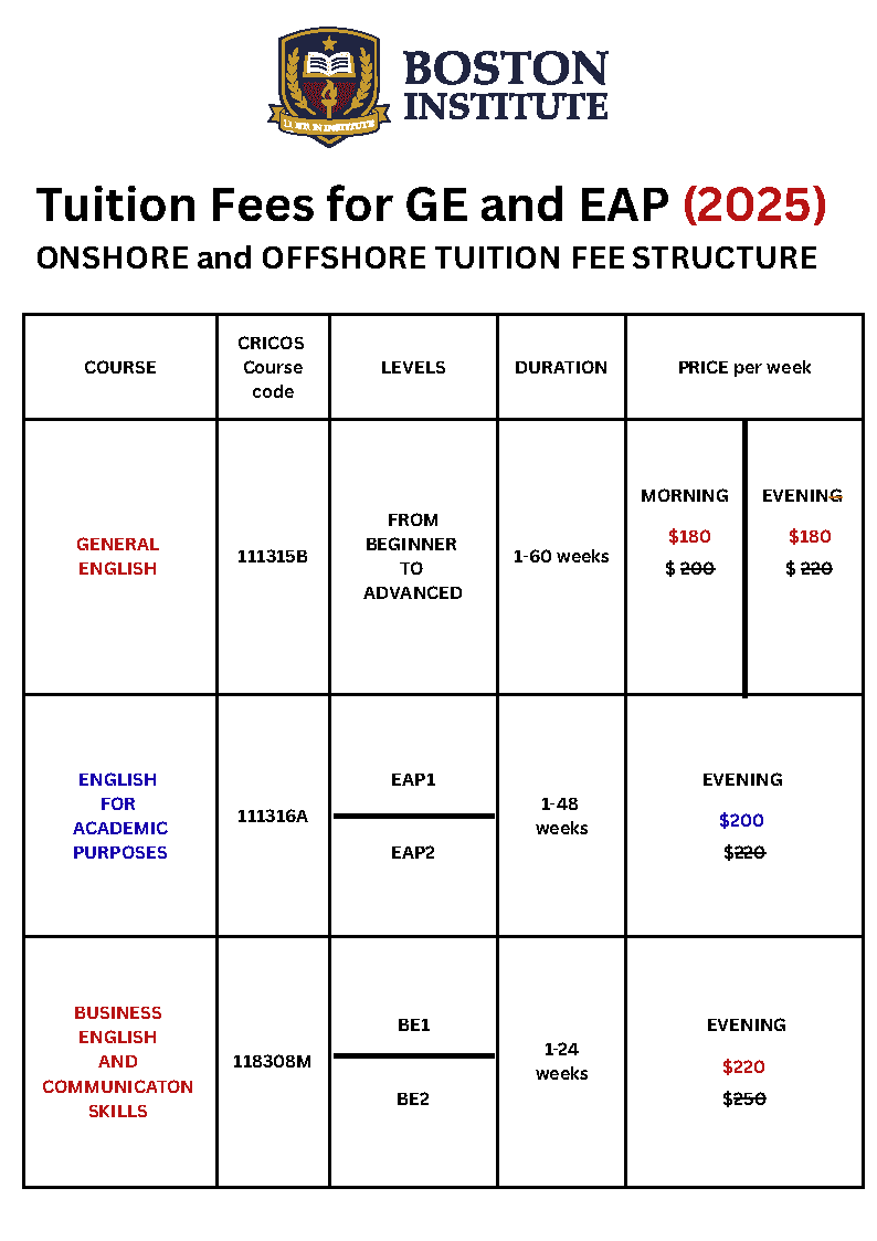 ボストン・インスティチュート料金表