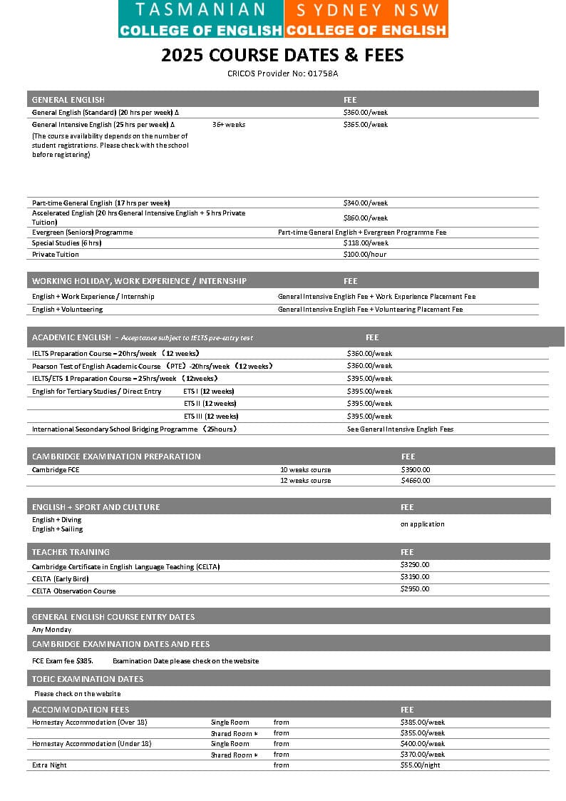 タスマニアン・カレッジ・オブ・イングリッシュ　料金表