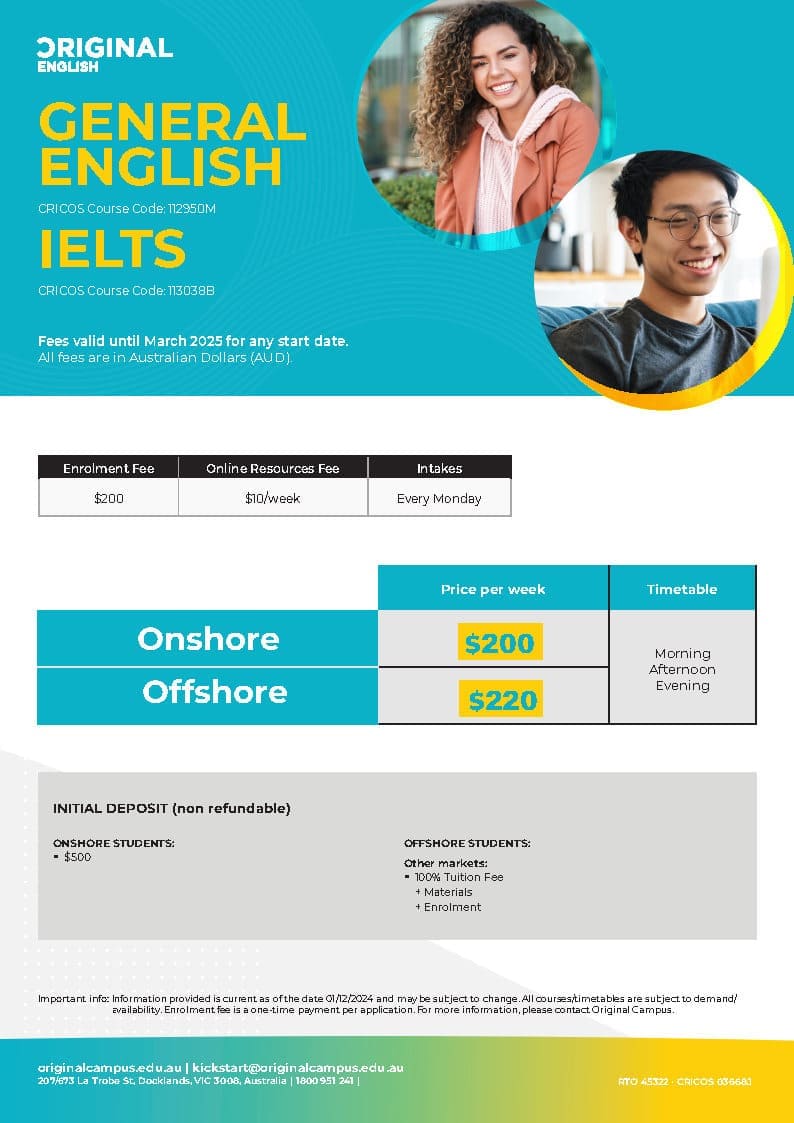 オリジナルキャンパス　一般英語コース　料金表