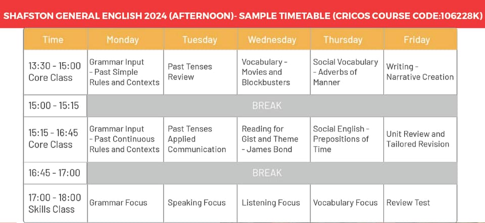 シャフストン　ブリスベン　一般英語アフタヌーンコース時間割